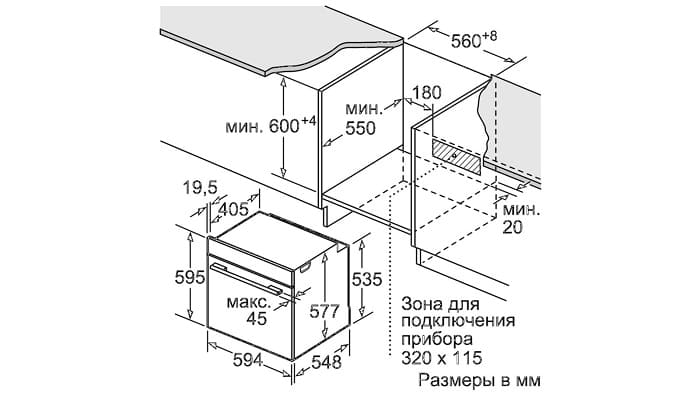 Mô phỏng kích thước lắp đặt lò nướng Bosch HBG634BB1