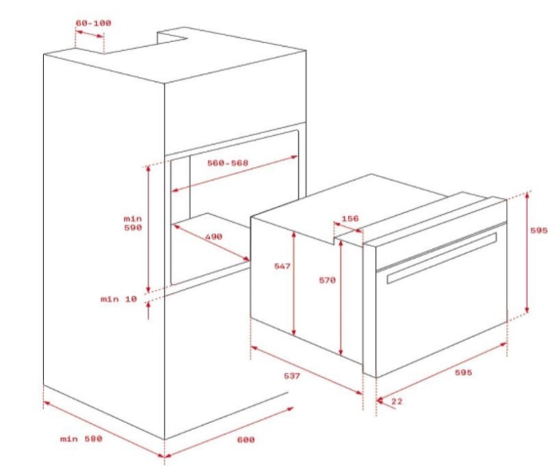 Mô phỏng kích thước lắp đặt lò nướng Teka HSB 615