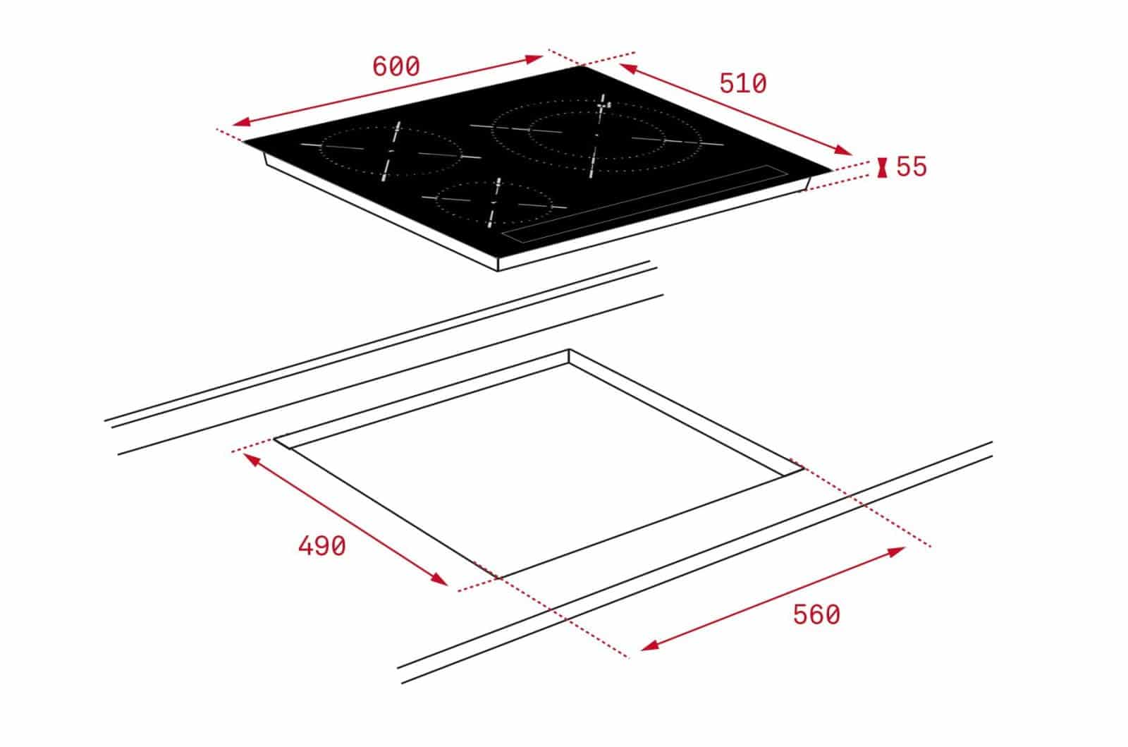 Mô phỏng kích thước lắp đặt bếp từ Teka IR 6320