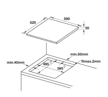 Kích thước đặt bếp từ phải nhỏ hơn mặt bếp tối thiểu 1cm