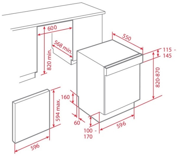 Mô phỏng kích thước lắp đặt máy rửa bát Teka DW9 55 S