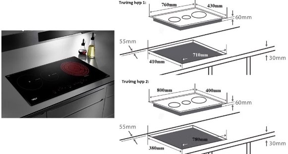 Tùy thuộc vào từng bếp từ mà sẽ có kích thước lắp đặt bếp khác nhau